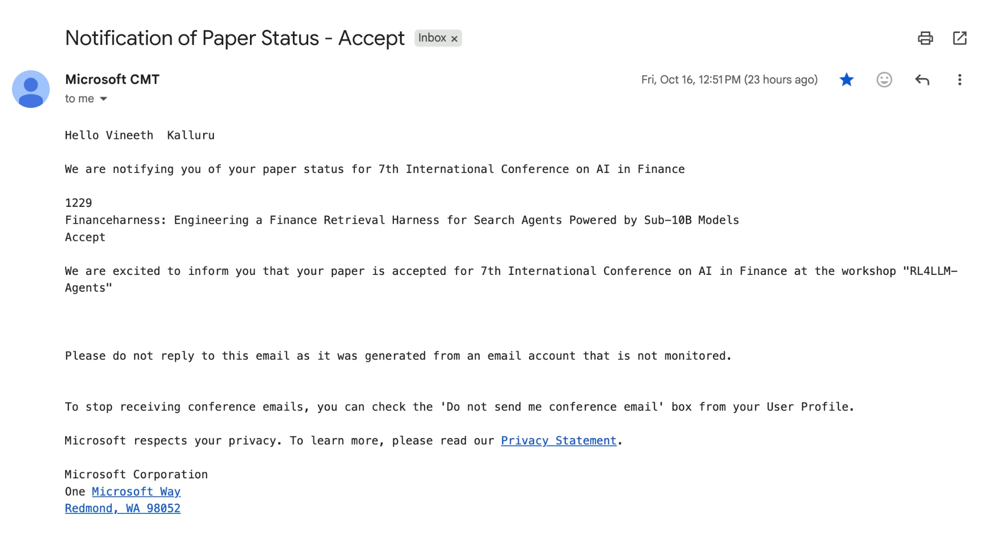 Notification of Paper Status: Accept. Financeharness: Engineering a Finance Retrieval Harness for Search Agents Powered by Sub-10B Models, accepted at the RL4LLM-Agents workshop of the 7th International Conference on AI in Finance